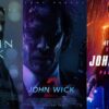 John Wick standing with guns in a dark cityscape – movie franchise overview
