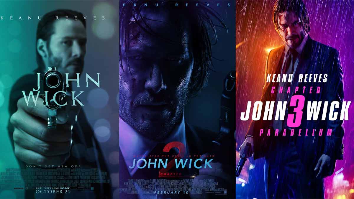 John Wick standing with guns in a dark cityscape – movie franchise overview